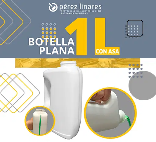 Pérez Linares lanza una nueva botella plana de 1 litro con asa con cuello estándar o vertedor. Personaliza la botella plana con el color que desees y añade la línea de visión para facilitar su uso