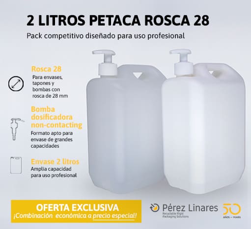 Oferta de pack exclusivo de Envase 2 litros petaca rosca 28 mm y bomba dosificadora Non-contacting