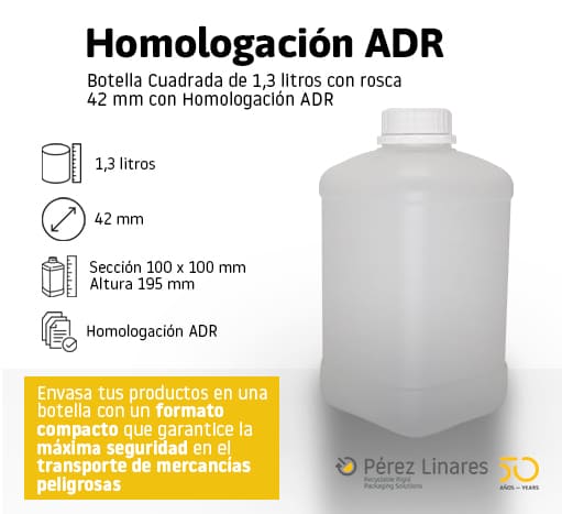 Botella Cuadrada de 1,3 litros con rosca 42 mm con homologación adr